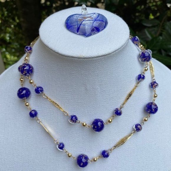 VTG Blue Glass Necklace Brooch Pendant - Picture 2 of 5